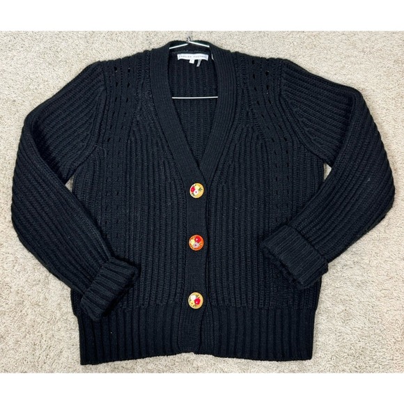 English Factory Ribbed Chunky Knit Cardigan  Whimsical Big Floral Buttons Size L - Picture 1 of 9